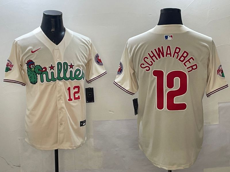 Men Philadelphia Phillies 12 Schwarber Cream Three generations Joint Name Game 2025 Nike MLB Jersey style 4
